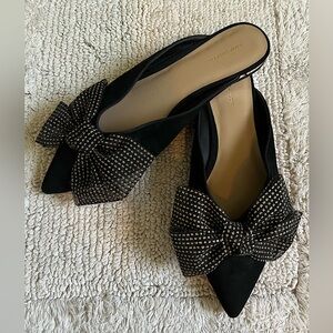 Ann Taylor Size 8M Glitter Bow Black Suede Pointed Toe Mule Slip On Flat Shoes